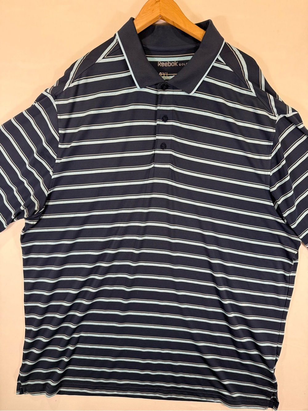 Reebok Men’s Navy and Light Blue Striped Polo